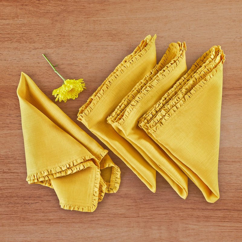 Solino Home Mustard Yellow Linen Dinner Napkins 20 x 20 Inch - 100% Pure Linen Juliette Ruffle Cloth Napkins Set of 4 for Spring, Summer, Mothers Day - Handcrafted and Machine Washable