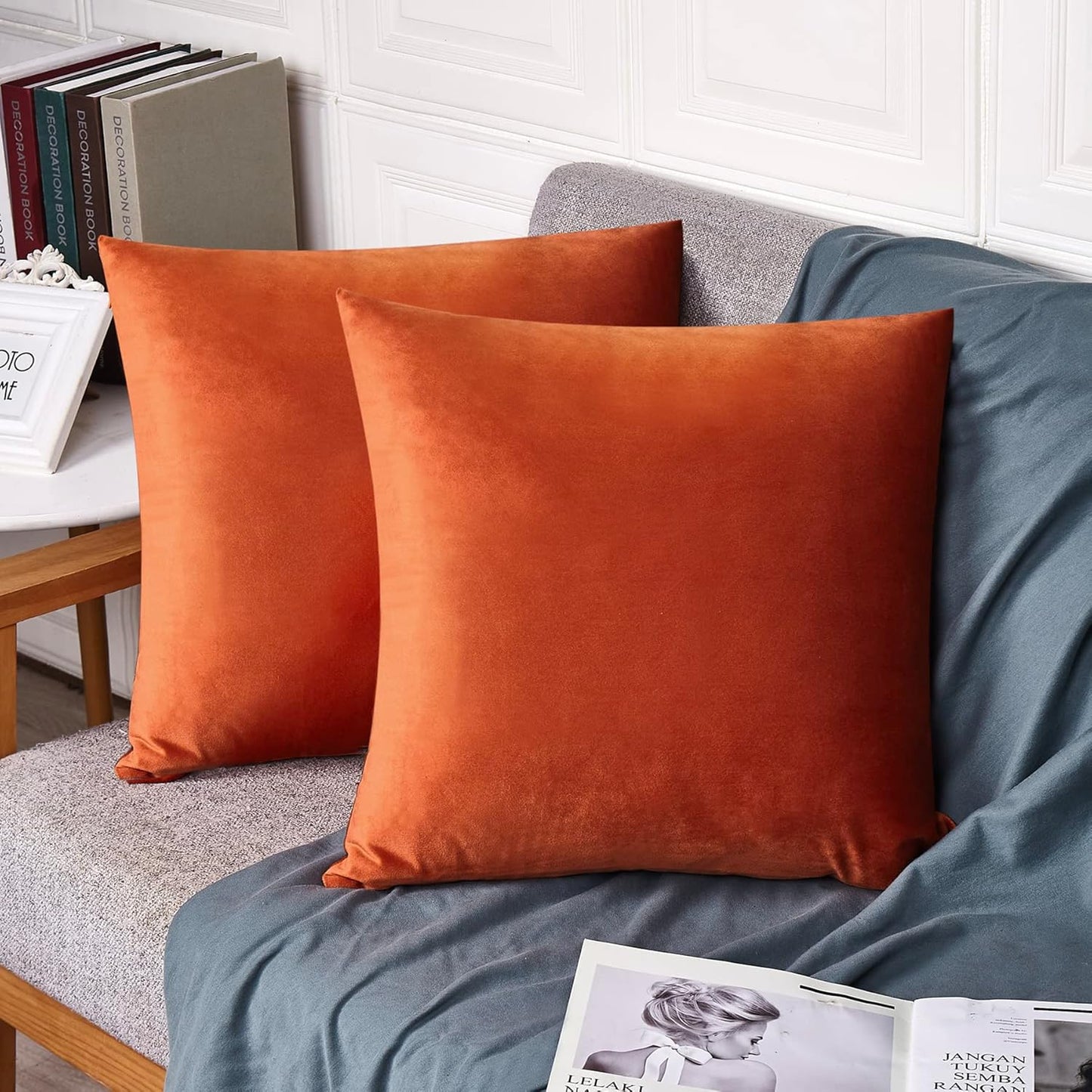 FEVERQIYI 20x20 Velvet Pillow Covers Set of 2 – Burnt Orange Decorative Square Throw Pillowcase Soft Solid Cushion