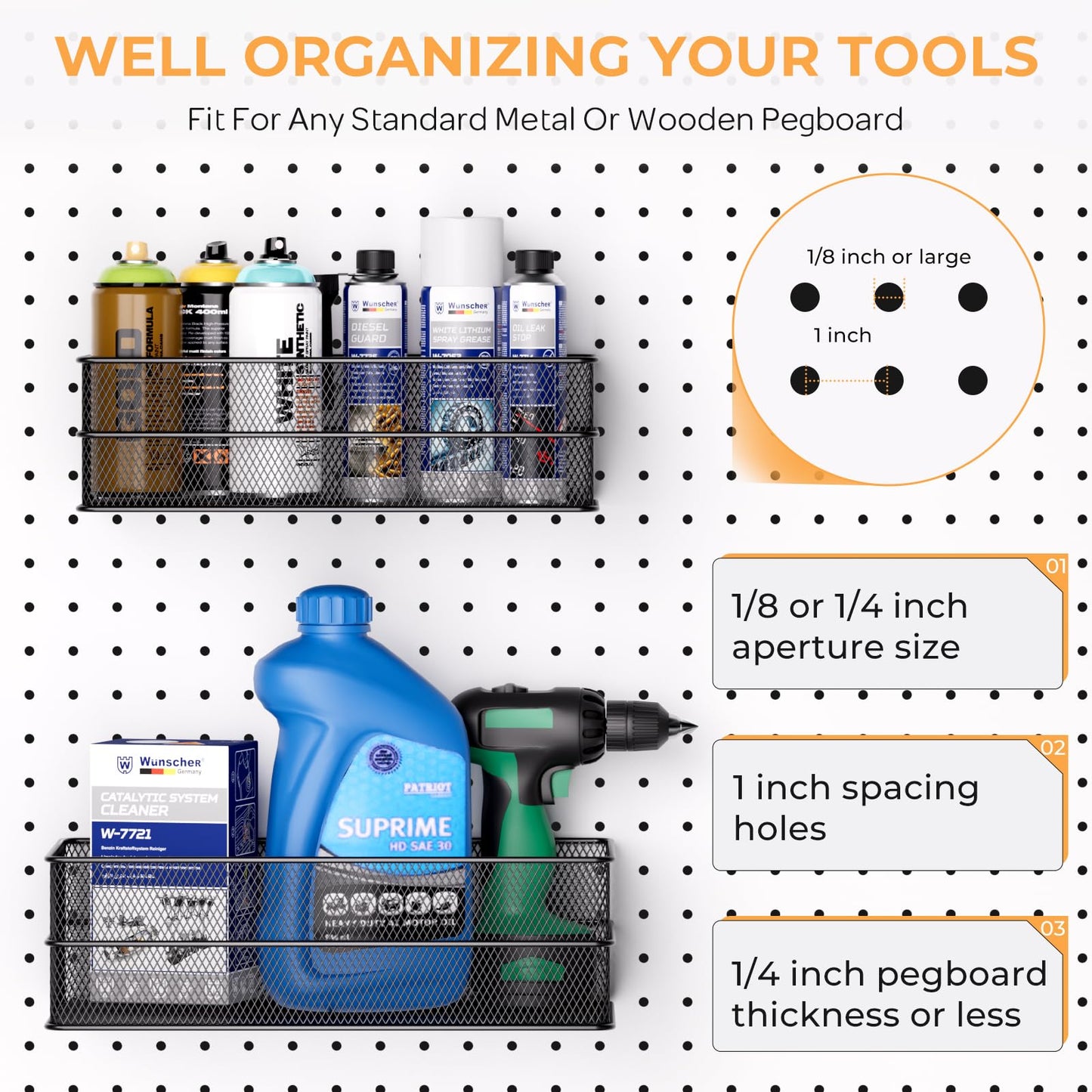INCLY 4 Pack Upgrade Pegboard Baskets, 4 Sizes Square Style Metal Mesh Pegboard Baskets and Bins, Peg Board Organizer Accessories for Garage Craft Room Office Kitchen
