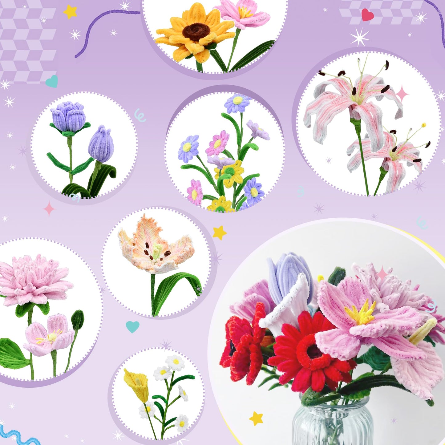 POMBUDS 572 PCS Pipe Cleaners Flower Kit, 13 Colors Chenille Stems with Floral Wires, Stamen, Tapes, Dot Glue, Instruction & White Box – DIY Craft Set for Handmade Bouquets