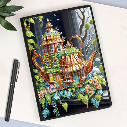 JISHSHAY Diamond Art Notebook Journal Diamond Painting Note Book Gem Art Sketchbook Gem Painting Blank Notebook Mosaic Kits for Adults Diary with Special Shape Drills 14.5×21cm/5.7×8.26in Teapot House