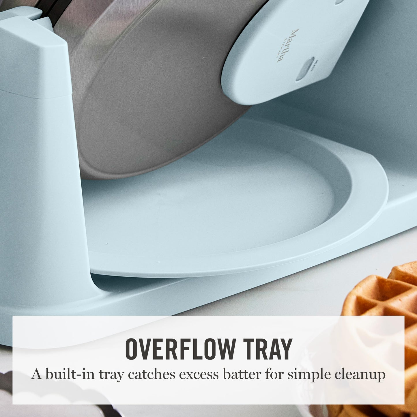 Martha Stewart Rotating Waffle Maker, 180° Flip Iron with PFAS-Free Nonstick Plates, Adjustable Timer, Ready Light, Drip Tray, Space Saving, Classic Round 7”, Easy to Clean, Stainless Steel, Sky Blue