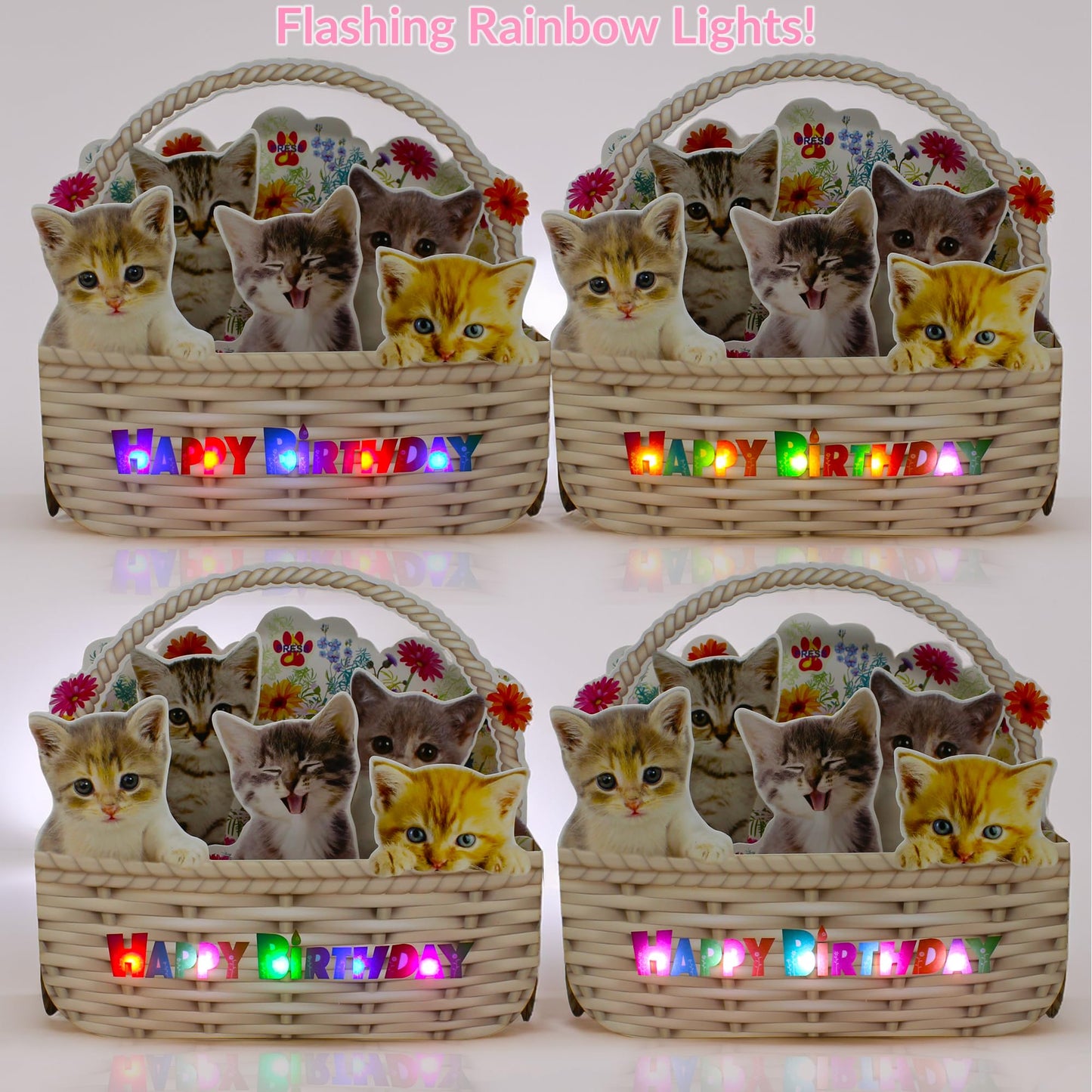 Miss Girlie Girl Musical Cat Birthday Pop-Up Card with LED Lights – 2 Happy Birthday Songs Meows & Violin – Cute Kittens in Flower Basket – Light Up 3D Greeting Card for Cat Lovers, Kids, Women, Friends