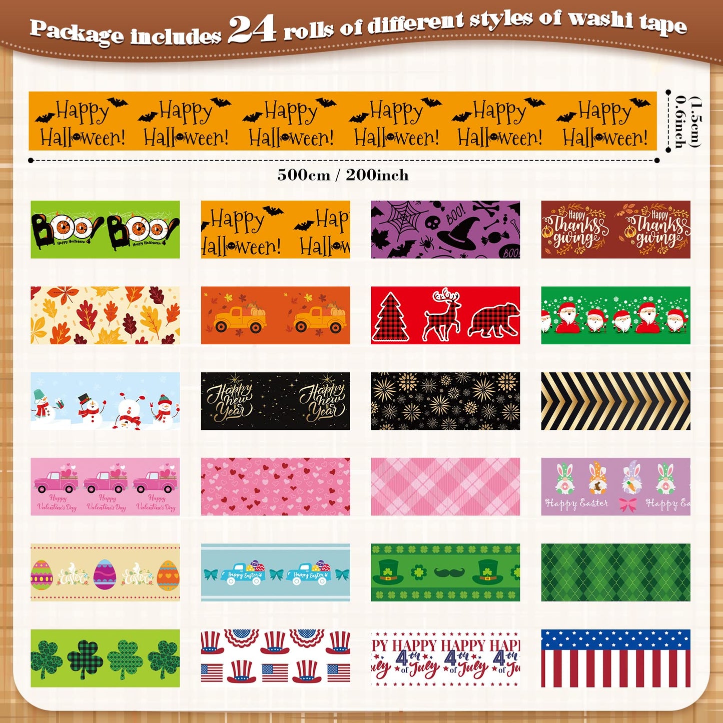 24 Rolls Holiday Washi Tape Set, Halloween New Year Festivals Decorative Tapes Easter Irish Day Four Leaf Clover Pattern for Scrapbooking, DIY Crafts, Journals, Gift Wrapping, 16.4 ft Long/roll