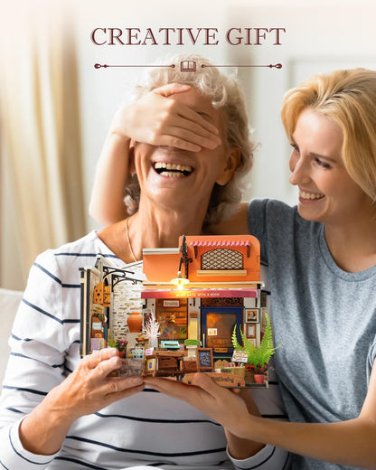 Rolife DIY Miniature House Kit 1:20 Scale Bookstore, Build Mini House Building Kit with LED Lights Craft Kits for Aduls Gifts for Him Her