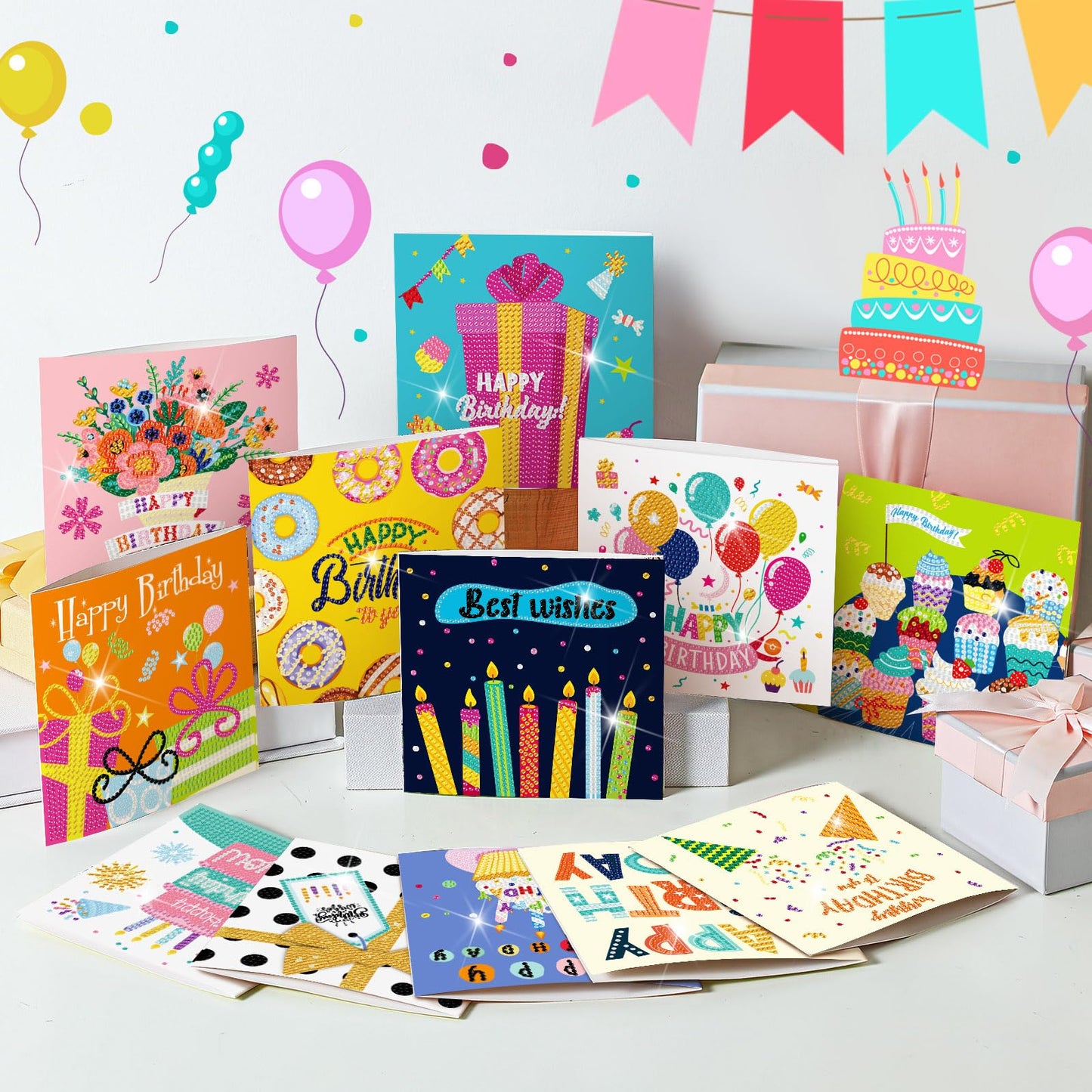 Saillong 12 Pack Happy Birthday Diamond Painting Greeting Card Kits DIY Diamond Art Cards with Envelopes Birthday Cake 5d Rhinestones Painting Kits for Adults DIY Crafts Family Friend Birthday Gifts