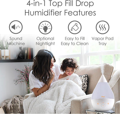 Crane 4-in-1 White Drop Ultrasonic Cool Mist Humidifier with Sound Machine, Night Light, Aroma Tray, 1 Gallon Top Fill White