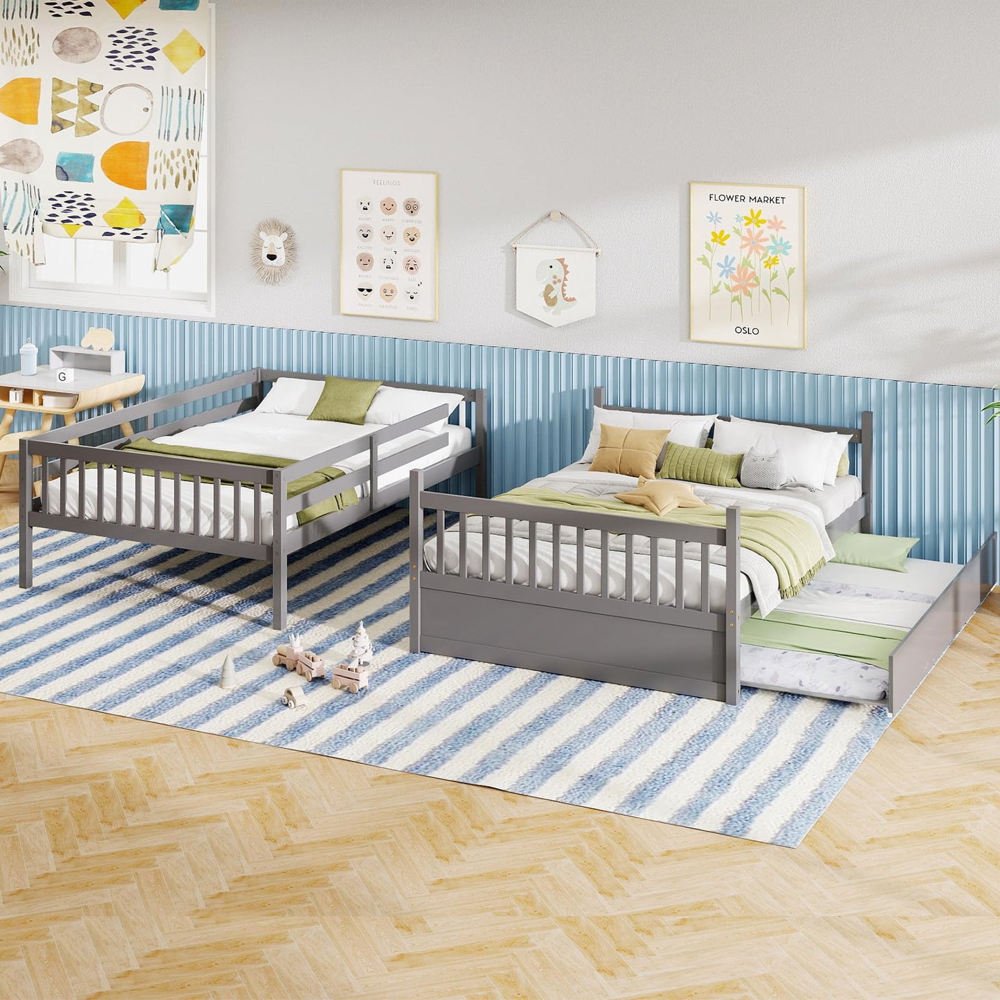Giantex Full Over Full Bunk Bed with Trundle, Solid Wood Trundle Bed Frame w/Guardrails and Ladder, Convertible to 2 Beds, Full Size Bunk Beds for Adults Kids Teens, No Box Spring Needed, Grey
