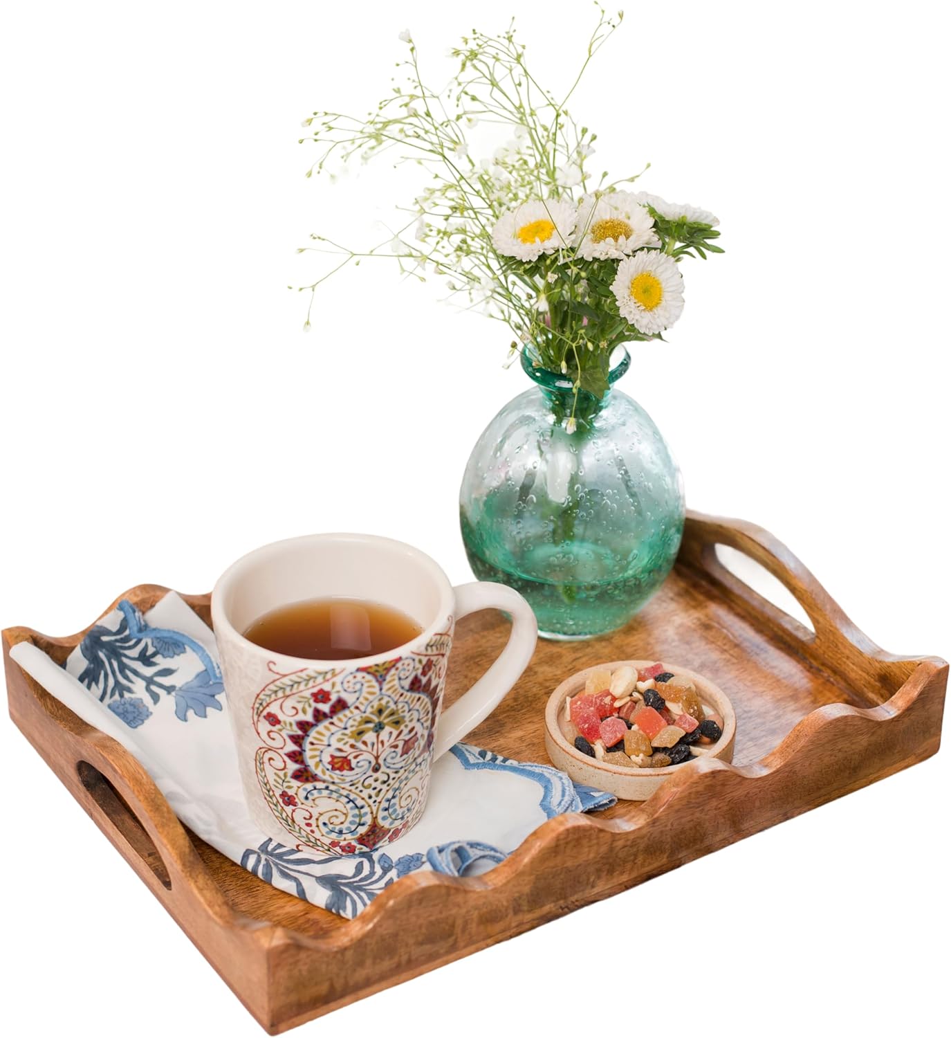 16" 12 2.5 Mela Artisans Ottoman Wooden Serving Tray | Large, Scallop White Burnt | Decorative Mango Wood | Serve