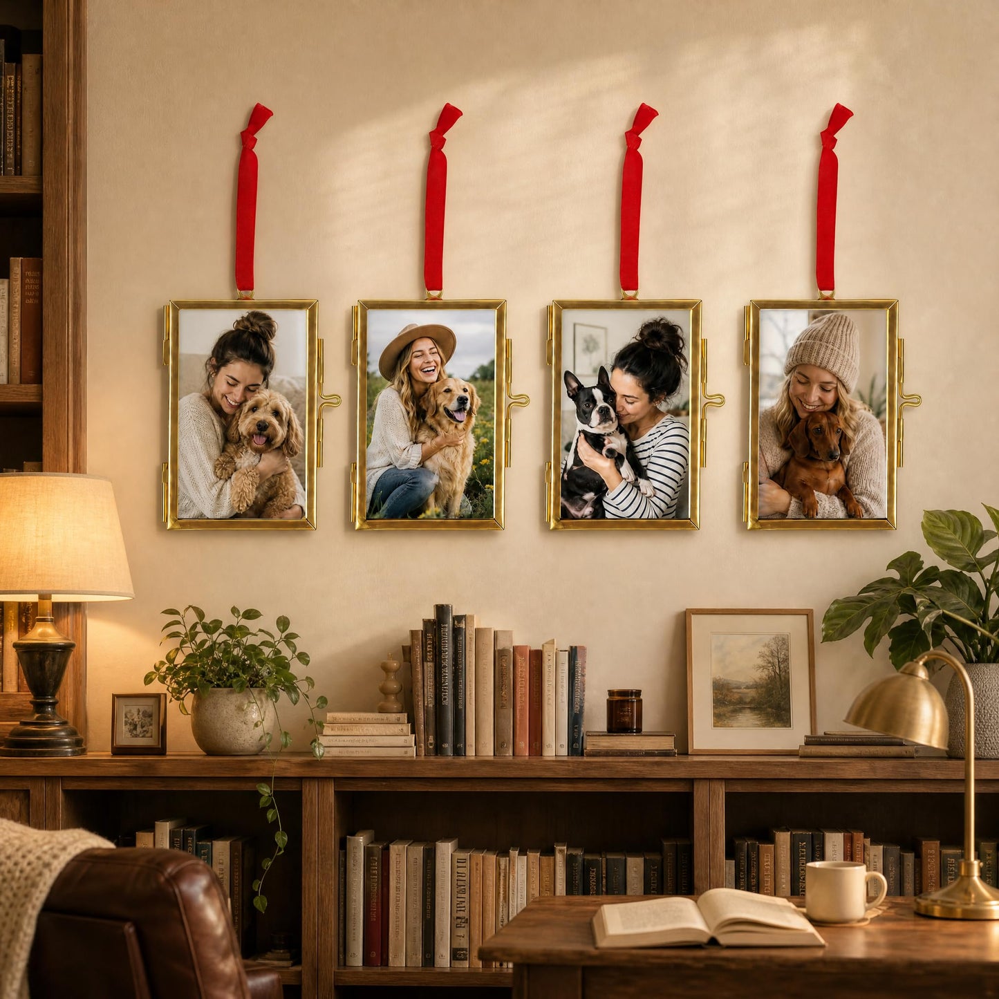 Pressed Flower Frames with Tweezers,Wall Hanging Double Glass Frames 2x3 with Red Ribbon for Dried Flowers Plants,Floating Photo Frame for Display Gallery Artwork, Horizontal Vertical,Golden, 4 Pack