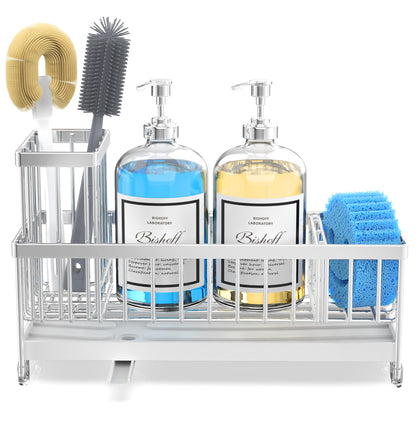 Moforoco Larger Version Sponge Holder for Kitchen Sink, Sink Caddy with High Brush Holder, Kitchen Sink Organizer Countertop Rustproof 304 Stainless Steel (Stainless Steel)