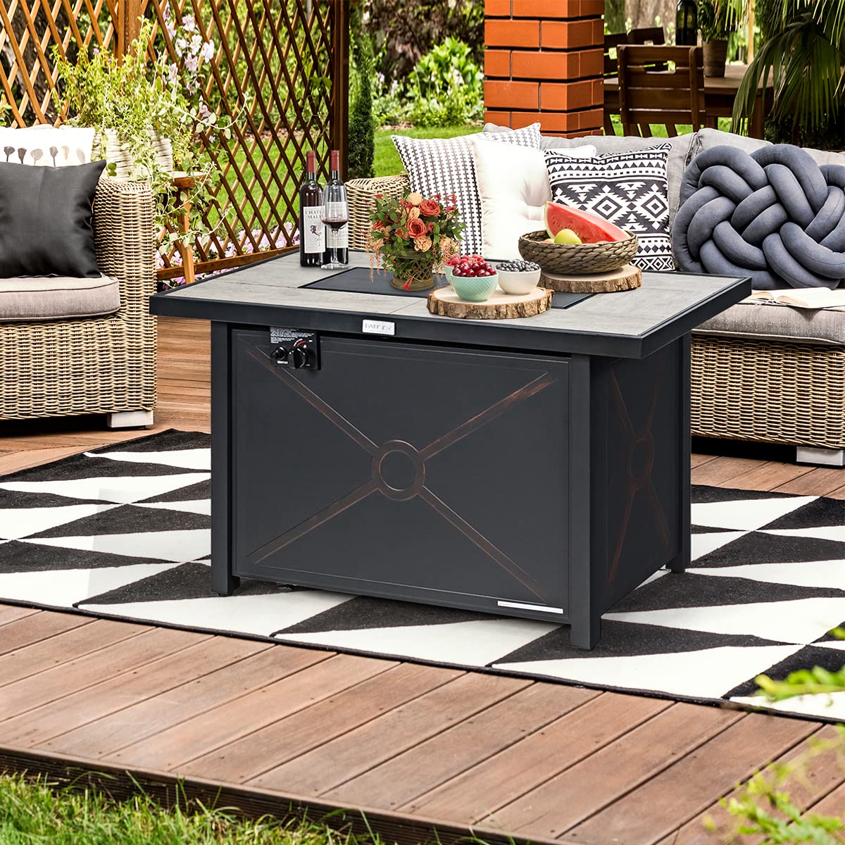 COSTWAY 42" Propane Fire Pit Table, 60,000 BTU Outdoor Rectangle Gas Fire Table W/Ceramic Tabletop, Lava Rock & PVC Cover Included, Stainless Steel Burner, Ideal for Backyard, Poolside