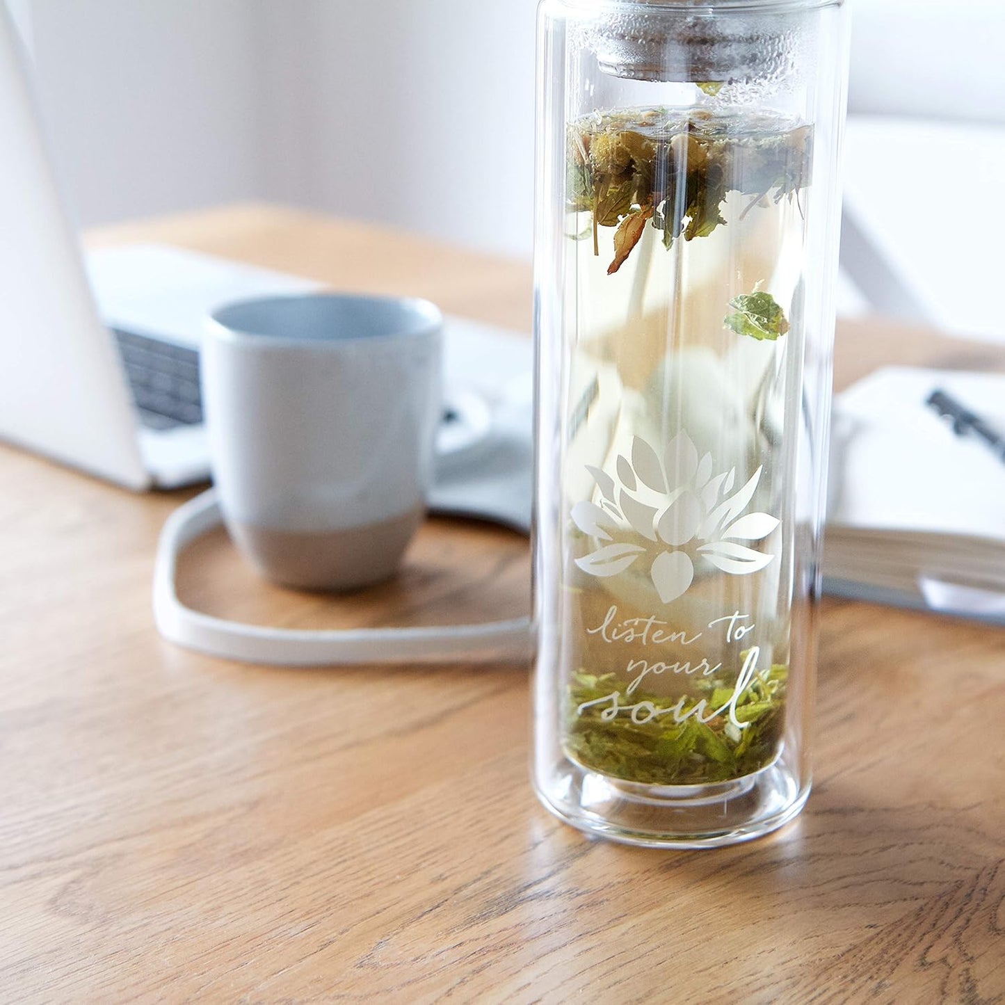 15oz Cozy Sacred Lotus Love Double-Walled Glass Tea Tumbler with Infuser and Strainer - Perfect for Loose Leaf Tea