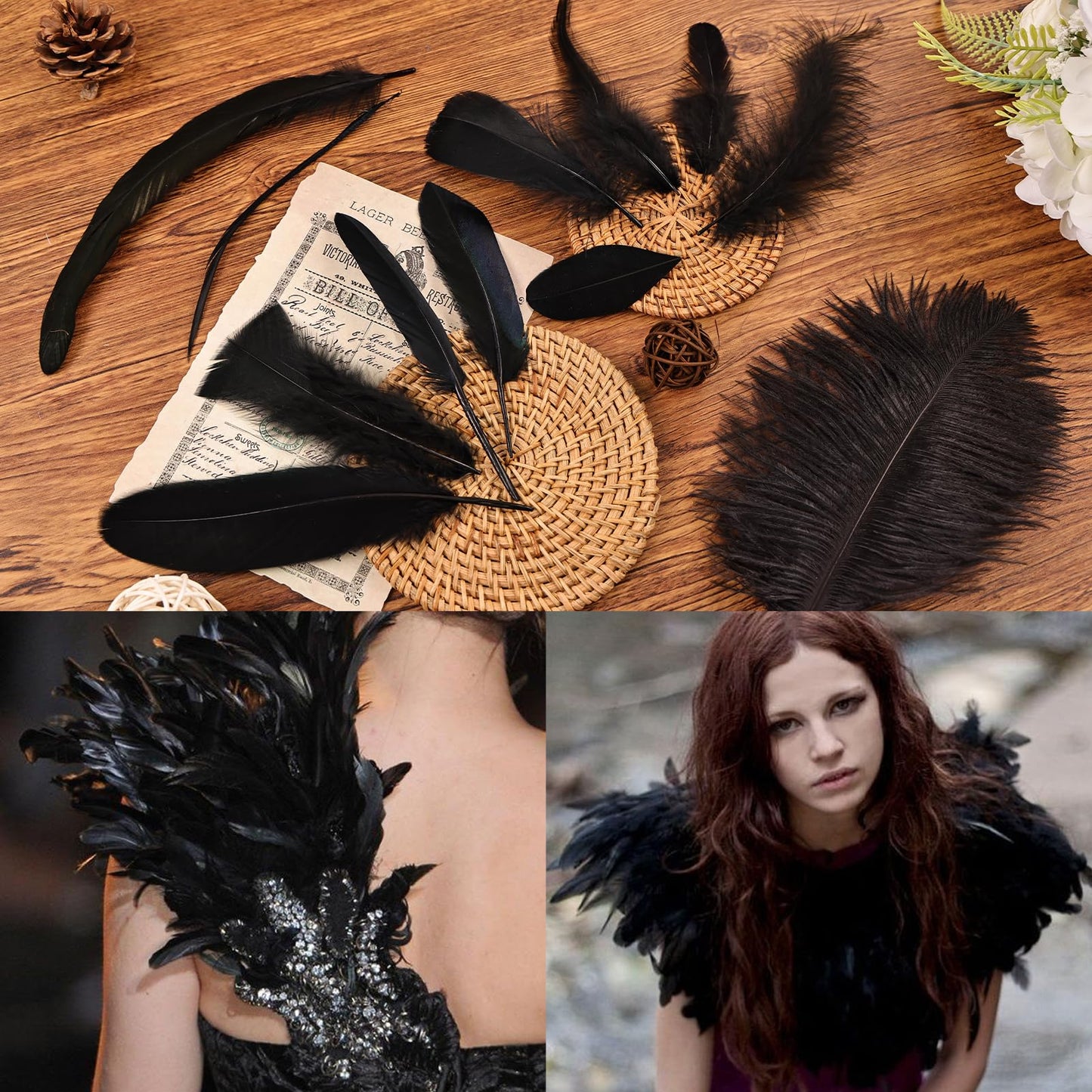 Daieeparty Black Craft Feathers Bulk-360pcs 12 Style Mixed Natural Feathers for Wedding Home,Dream Catcher Supplies and DIY Crafts (Black)
