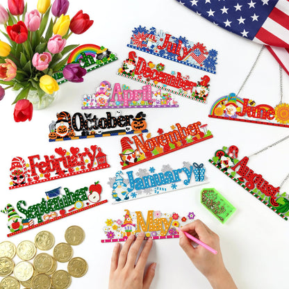 BreezeHug 12 Pcs Seasonal Diamond Art Wreath Kits Holiday 5d DIY Diamond Painting Signs Month Germ Hanging Art Ornaments Crystal Rhinestone Suncatcher for Wall Door Decorations(Gnomes)