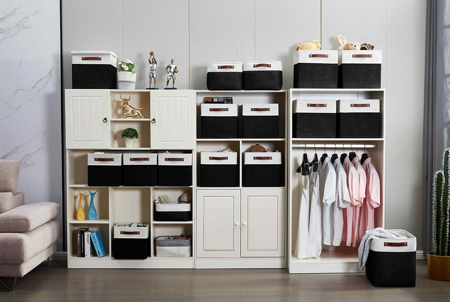 DECOMOMO Cubby Storage Bins, Fabric Storage Cubes for Kallax Shelves with Handles (Black and White, Kallax - 15"L X