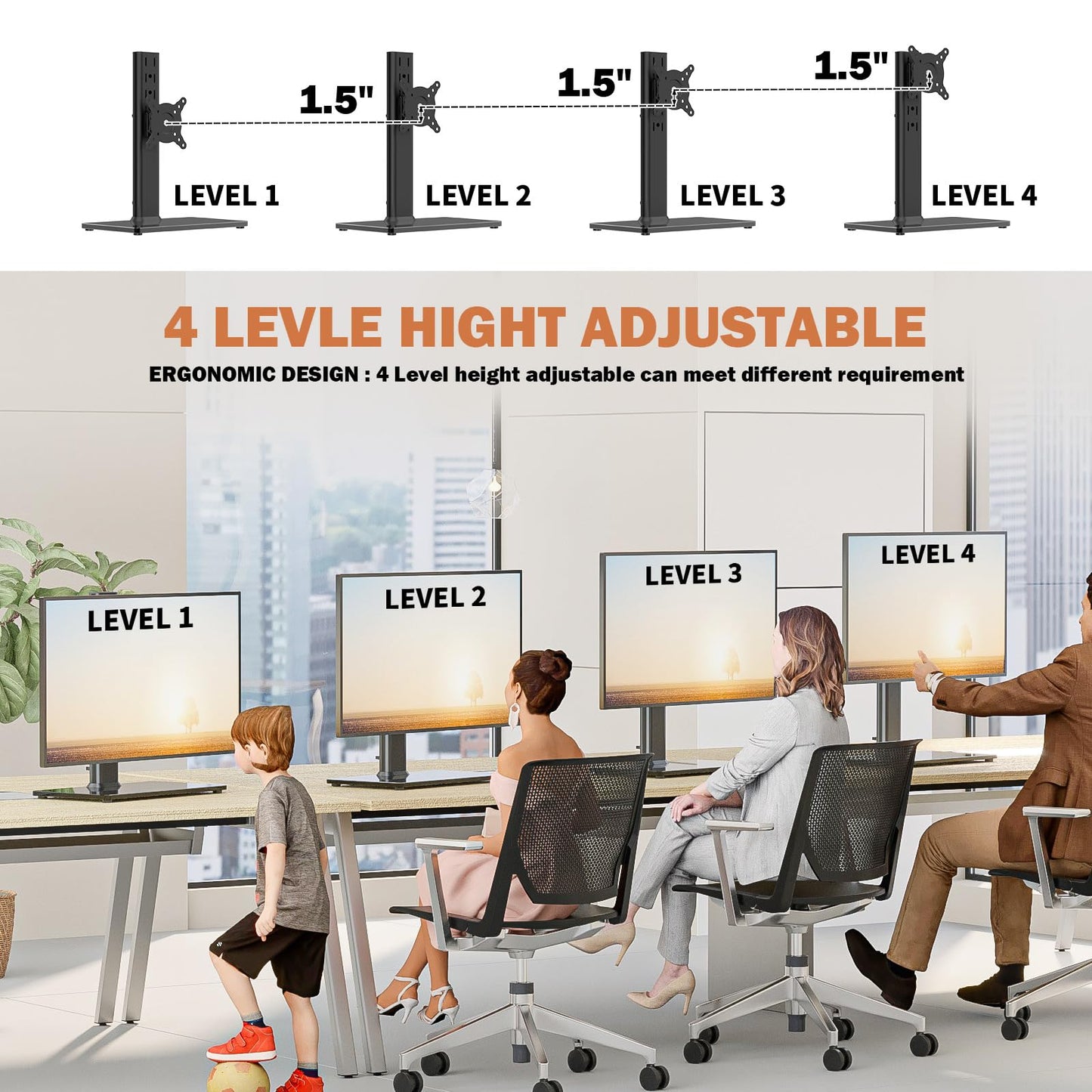 Single LCD Computer Monitor Free-Standing Desk Stand Mount Riser for 13 inch to 32 inch screen with Swivel, Height Adjustable, Rotation, Vesa Base Stand Holds One (1) Screen up to 77Lbs(HT05B-001))