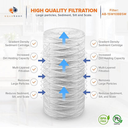 Aquaboon 5 Micron Water Filter 10 x 4.5 inch - String Wound Water Filter for Whole House System - Compatible with 84637, WPX5BB97P, PC10, 355214-45, 355215-45, WP10BB97P, WP5BB97P (6 Pack)