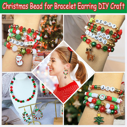 1540PCS Christmas Beads for Bracelets Jewelry Making Kit, Christmas Tree Snowflake Charms, Red Green Xmas Clay Beads Assorted Acrylic Crystal Round Pearl Star Spacer Bead for DIY Crafts Necklace