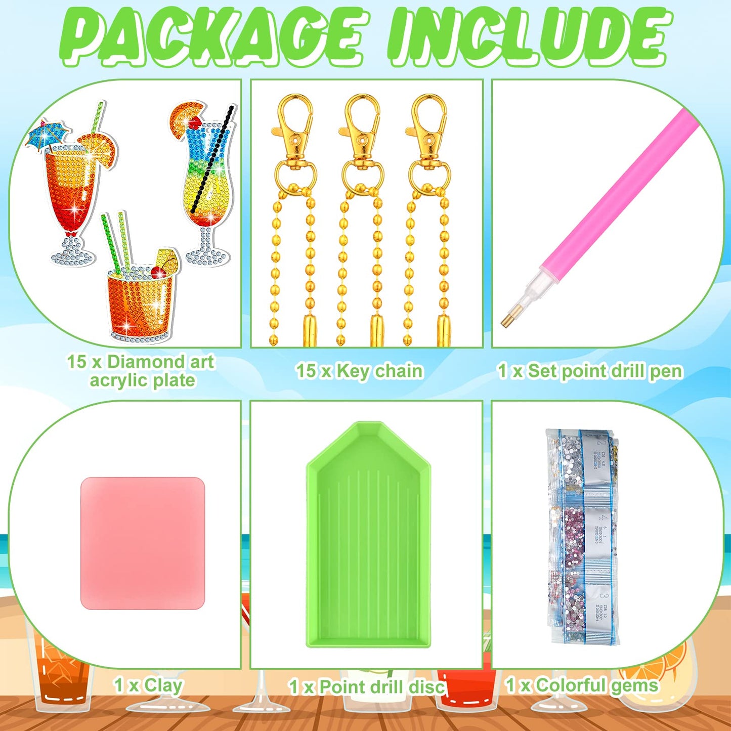 Thinkday 15 Pcs Summer Diamond Painting Keychains Kits Cocktail Tropical Drink 5d Diamond Art Keychain Summer Hanging Ornaments for Adult Beginner DIY Craft Purse Backpack Handbag Family Decor