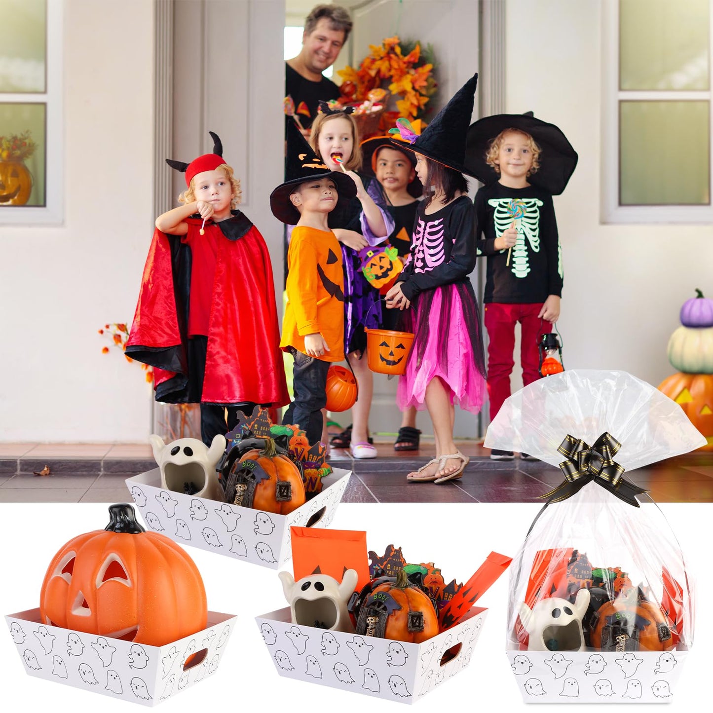 Kolewo4ever 36Pcs 12 Pack Halloween Basket Boo Basket Set 8x10inch Ghost Baskets for Gifts Empty to Fill with Baskets Empty Bags Pull Bows for Halloween Holiday