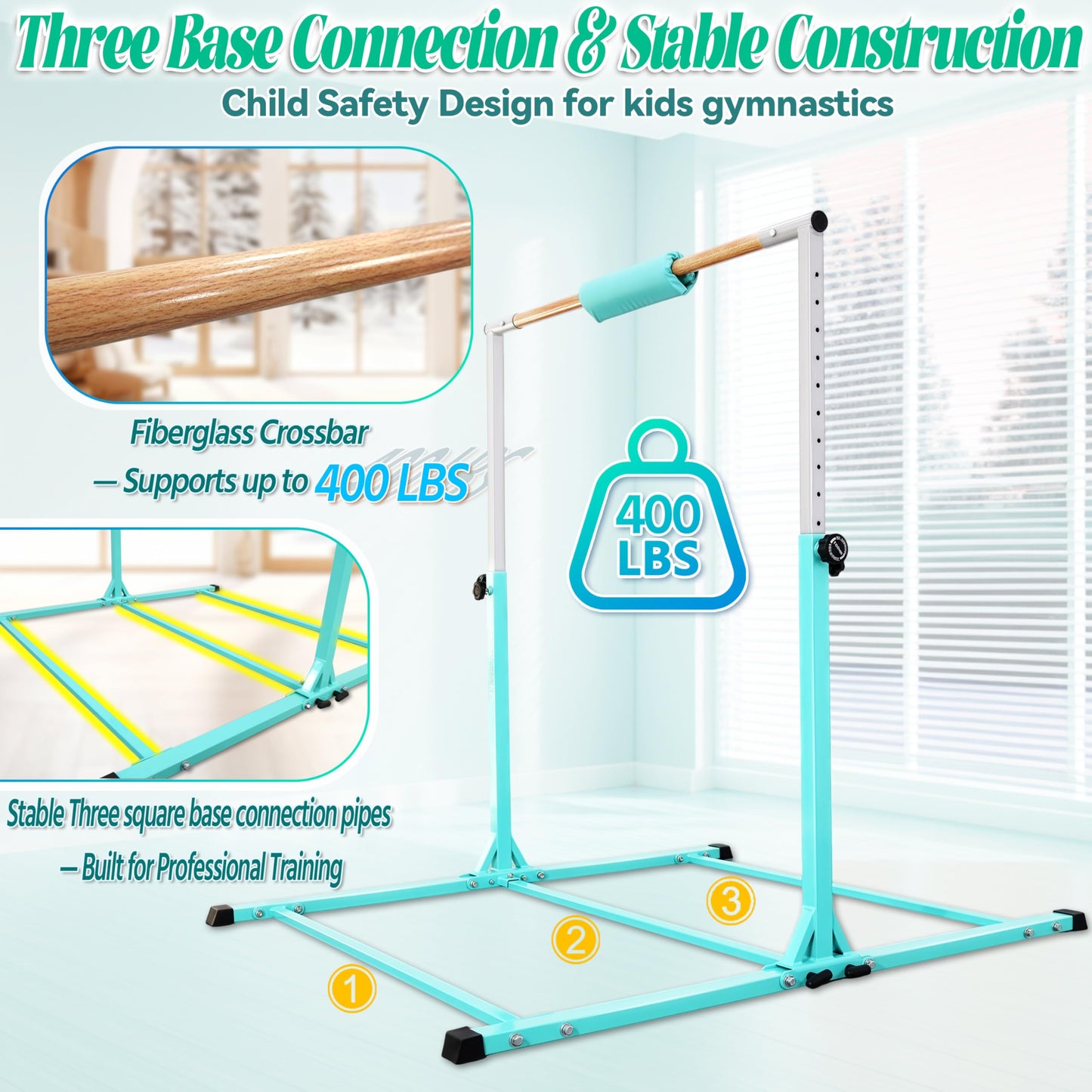 Seliyoo Foldable Kids Gymnastics Horizontal Bar for Ages 3-18, 5FT/6FT Kip Training Bar, Adjustable Height 35"-59", 400 LBS Capacity, Home Gymnastics Equipment for Kids & Teens