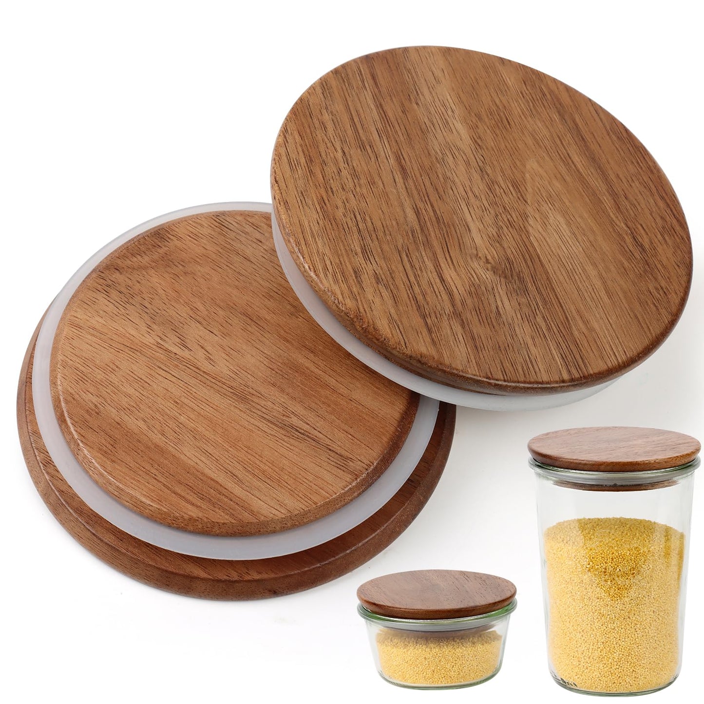 2 Pack Lids for Weck Jars 100mm Opening Acacia Tulip Glass Jar Lid with Silicone Airtight Jar Wooden Lids Fits for Weck Jar Models 738 739 740 741 742 743 744 745 748 974