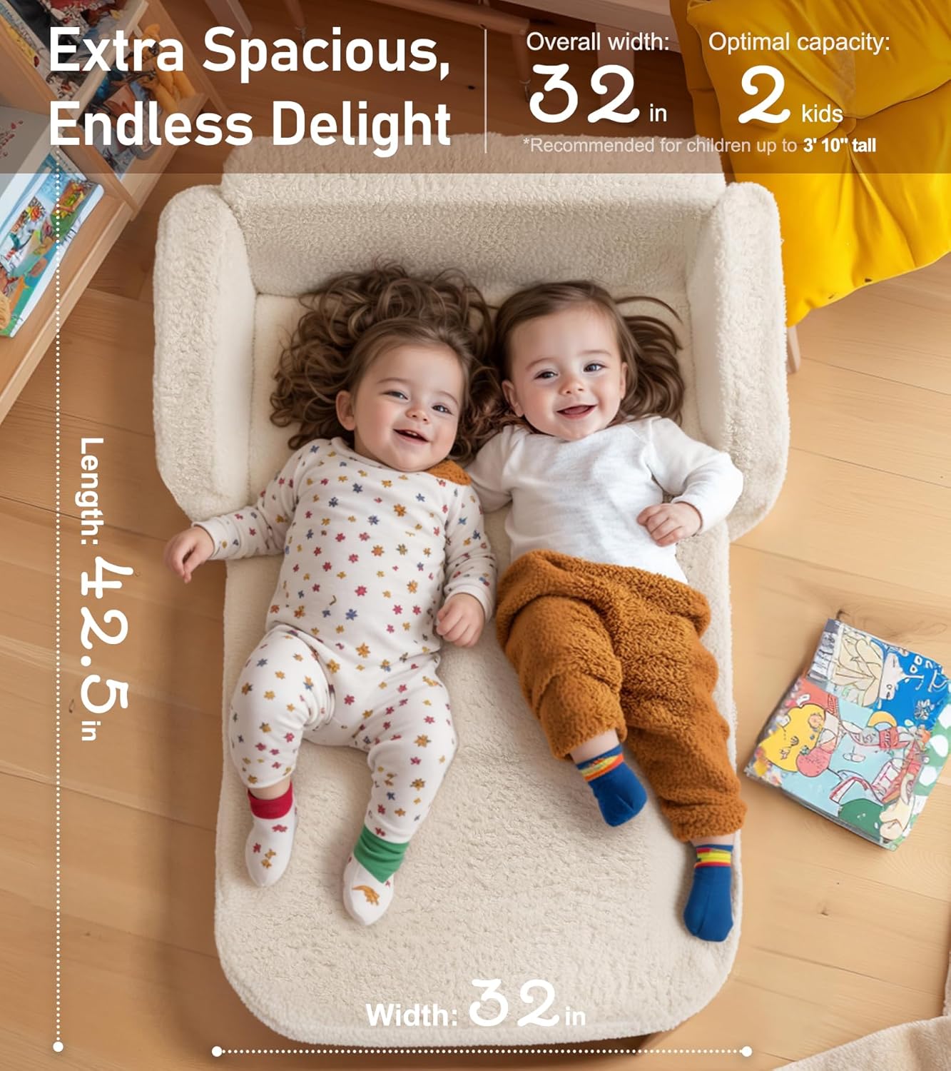 2-in-1 3+, Sherpa Fold Out Kids Couch, Extra Wide Comfy Toddler Chair, Convertible Kids Sofa to Lounger, Foldable