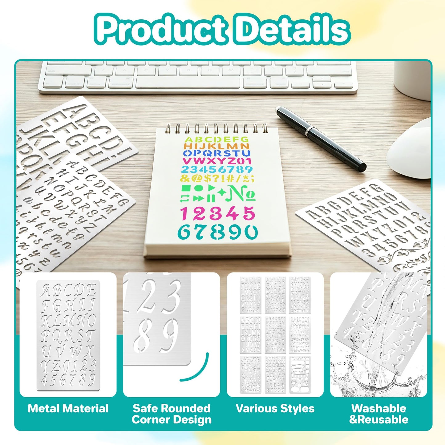 9Pcs Metal Letter Number Stencils,7×4 Inch Reusable Alphabet Symbol Stencil,Small Engraving Wood Burning Template for Wood Wall Painting,DIY Crafts,Journaling,Scrapbooking&Art Projects School Supplies