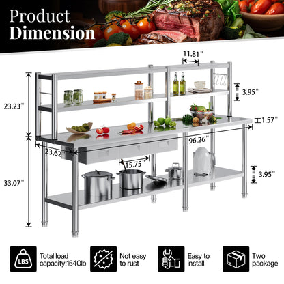 Jocisland 96"x24" Stainless Steel Work Table with Overshelves, 2/3 Drawers, Adjustable Shelf & Hooks, Food-Grade Stainless Steel Heavy-Duty Prep Station for Commercial Kitchen, Restaurant, or Garage
