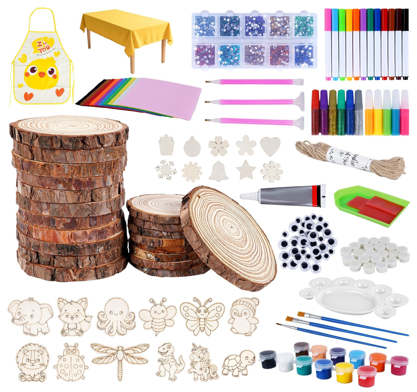 Timburst Unfinished Wood Slices Ornaments, 171pcs All-in-One Kids Painting Crafts, Glow in the Dark Wooden Craft Kit with Pre-Drilled Holes, Arts and Crafts for Girls Boys Ages 6+ Birthday Gift