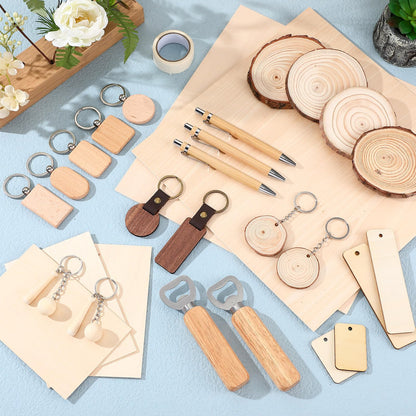 Briwooody 100 Pcs Laser Material Kit Engraving Blanks Wooden Keychains Blanks Set Laser Cutting Materials Unfinished Wooden Engraving Key Tag Ring for DIY Gifts Crafting Cutters