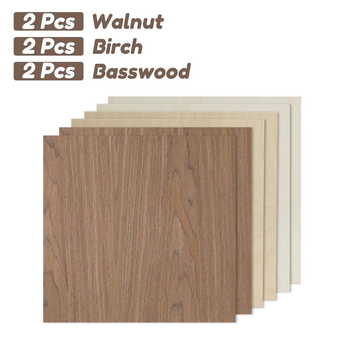 6 Pack Walnut Wood Sheets, 12 x 12 x 1/8 Inch Basswood + Walnut + Birch, Wood for Laser Cutting and Engraving, 3mm Plywood for Laser Cutting, Wood for Crafts, Laser Engraving Blanks, Unfinished Wood