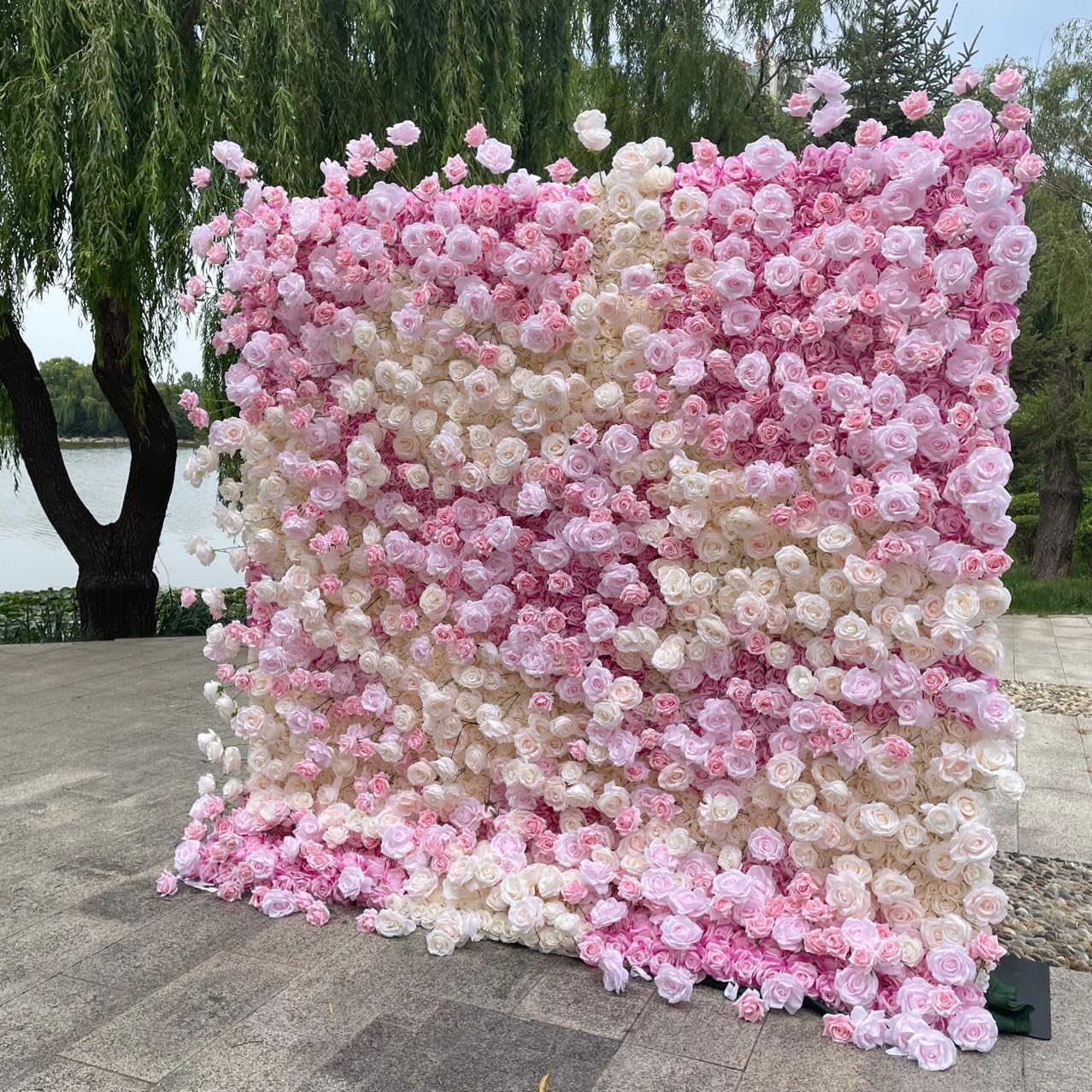 ERoomQ Artificial Flower Wall Panels, Pink White Floral Wall Mat 3D Cloth Bottom Simulation Flower Silk Rose Flower Panels for Backdrop Wedding Wall Decoration,3M*3M