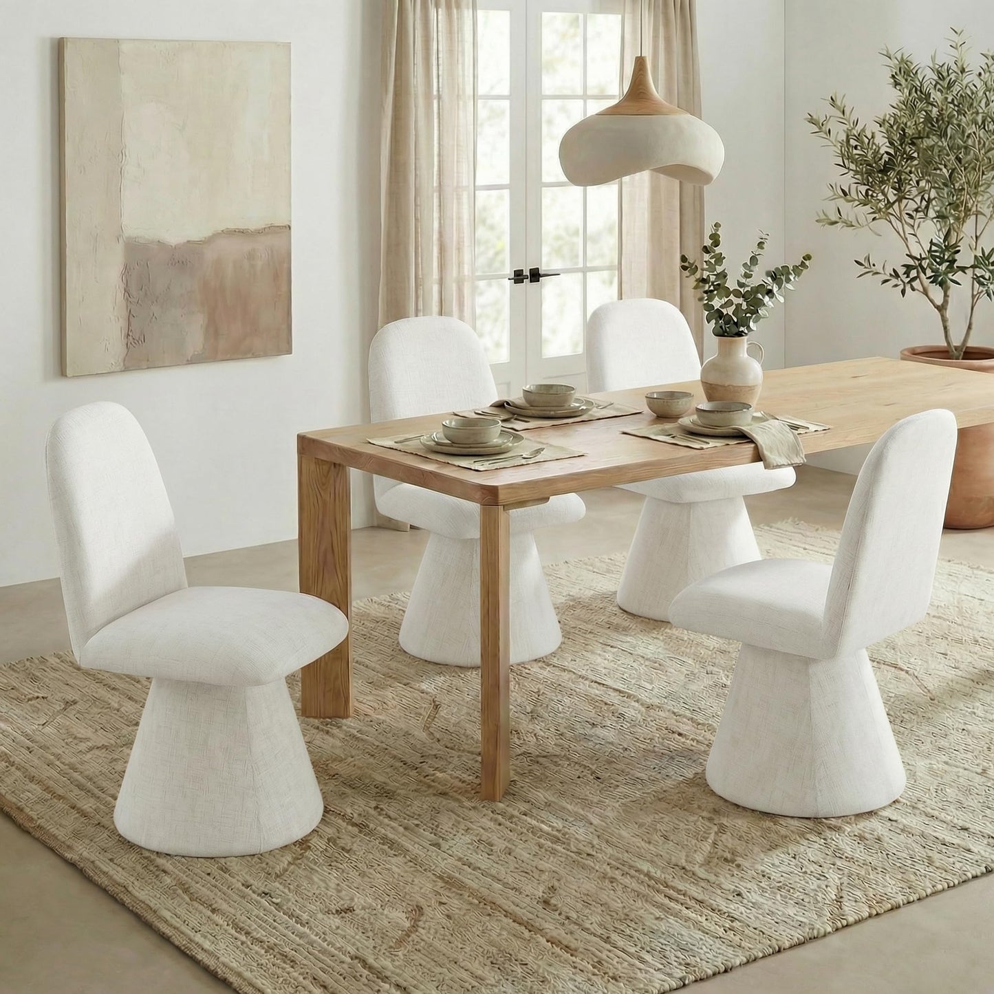 KISLOT Swivel Dining Chairs Set of 4, Modern Upholstered Dining Chair Mid Century Kitchen Chairs with Wave Shaped High Back, 360 Degree Rotating Vanity Chair for Dining Room, Bedroom, Farmhouse, Beige