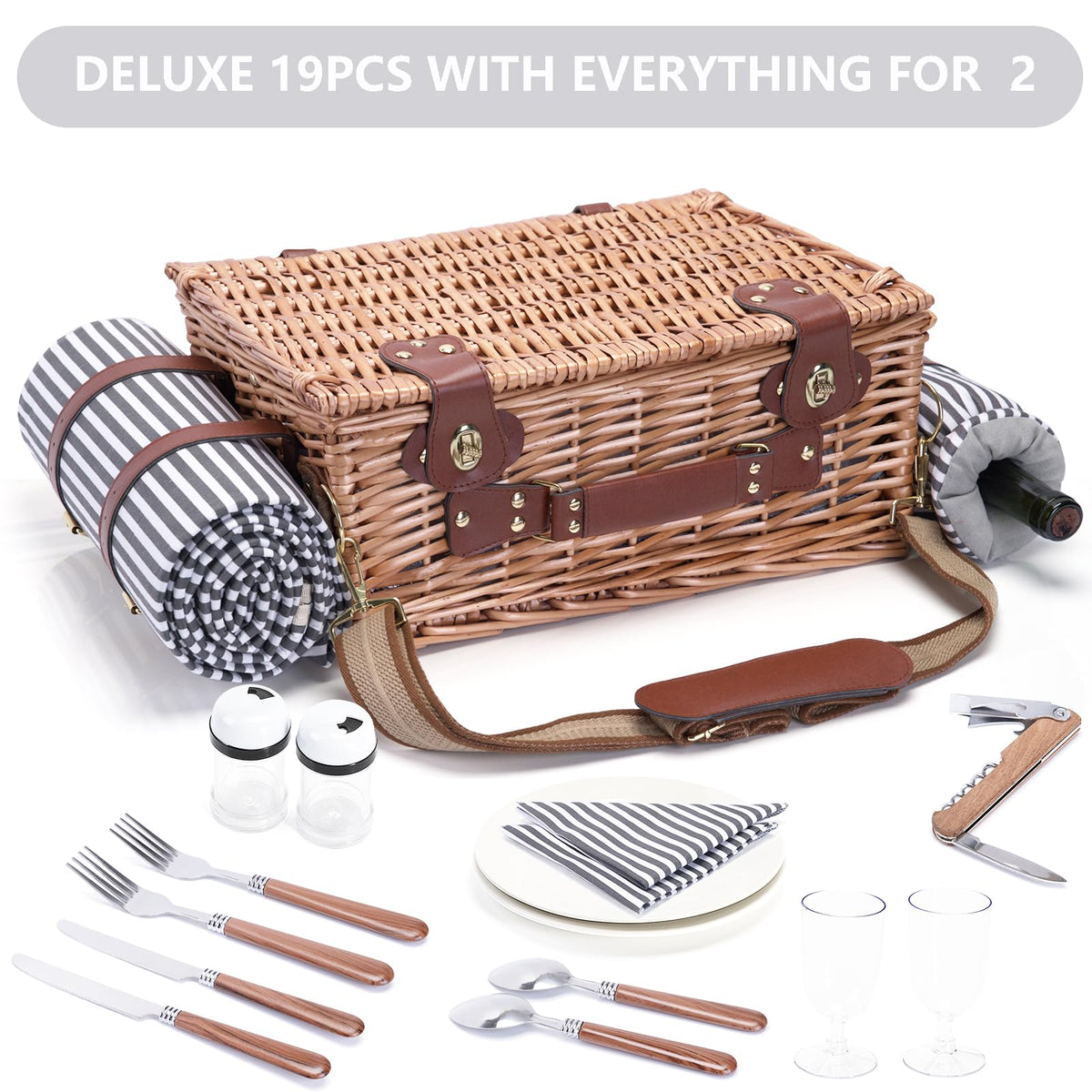 Picnic Basket with Blanket and Wine Pouch for 2 Wicker Picnic Set with Insulated Liner Cooler Bag Hamper for Camping,Wedding - Stripes