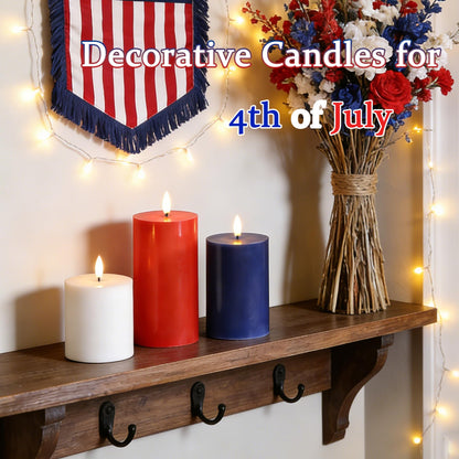 JOIONE 4th of July Red White and Blue Flameless Pillar Candles with Remote, 3 Pack Patriotic Battery Operated Real Wax LED Candles, Perfect for Independence Day Home Decorations Fireplace Table