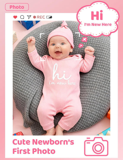 Babymine Newborn Unisex Baby Clothes - Long Sleeve Onesie Outfit with Mittens & Hat | 0-3 Months