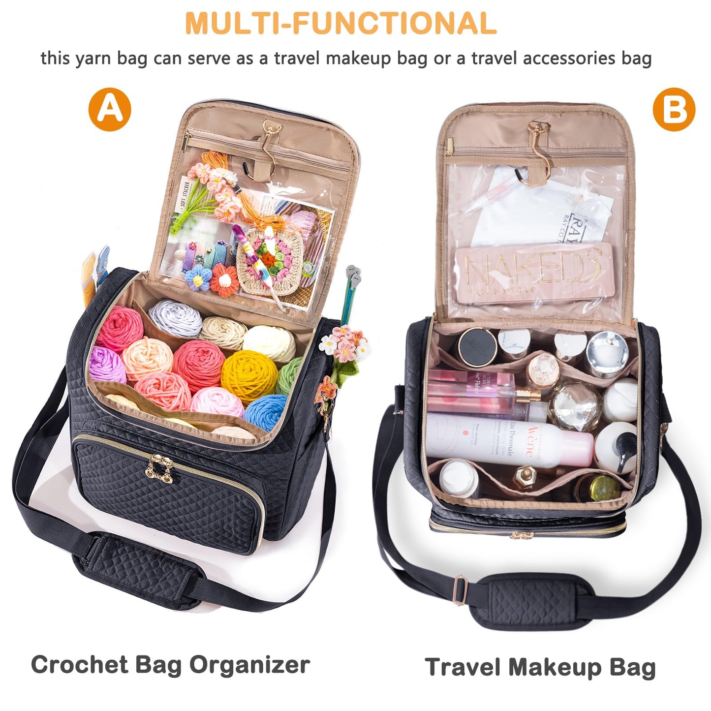 MYBAGZING Crochet Bag Organizer - Quilted Storage Bag with Hanging Hook, Knitting & Yarn Tote for Crochet Accessories, Mother's Day Gift