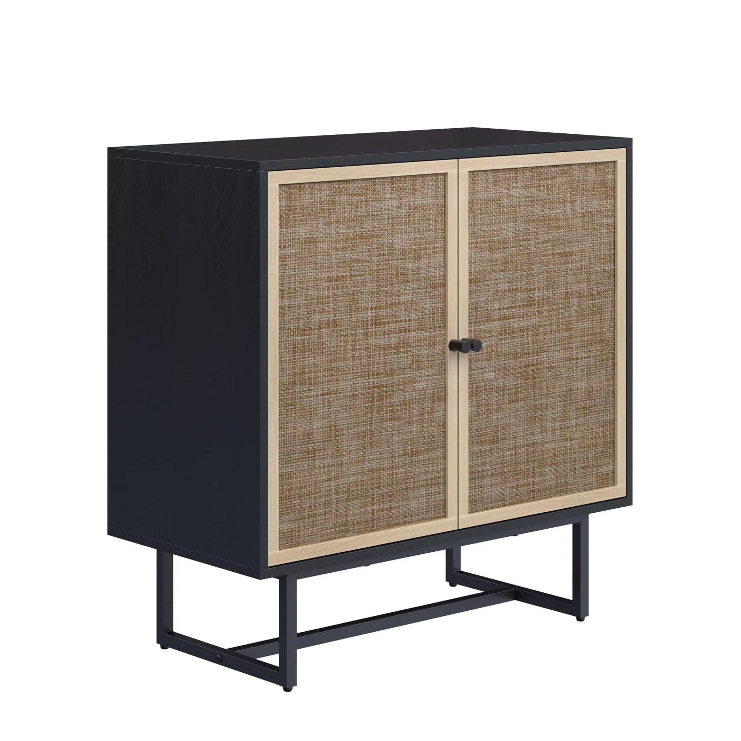 Nathan James Kova Rattan Wood Accent Sideboard Storage Cabinet TV Stand with Matte Metal Frame, Adjustable Shelves and Cane Doors, for Hallway, Entryway or Living Room, Black Oak/Cane, Set of 2