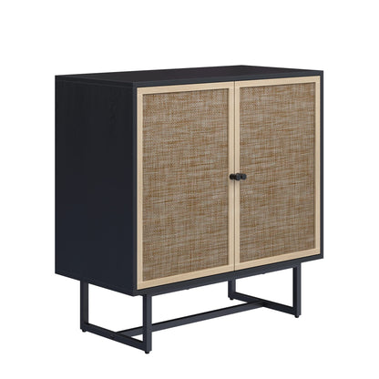 Nathan James Kova Rattan Wood Accent Sideboard Storage Cabinet TV Stand with Matte Metal Frame, Adjustable Shelves and Cane Doors, for Hallway, Entryway or Living Room, Black Oak/Cane, Set of 2