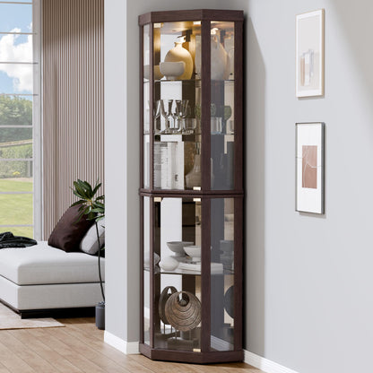 Topcomfy Corner Curio Cabinet, Lighted 3-Side Glass Display Curio Cabinet with Tempered Glass Doors & Adjustable Shelves, Wine Bar China Cabinet with Bulb for Living Room (Dark Cherry)