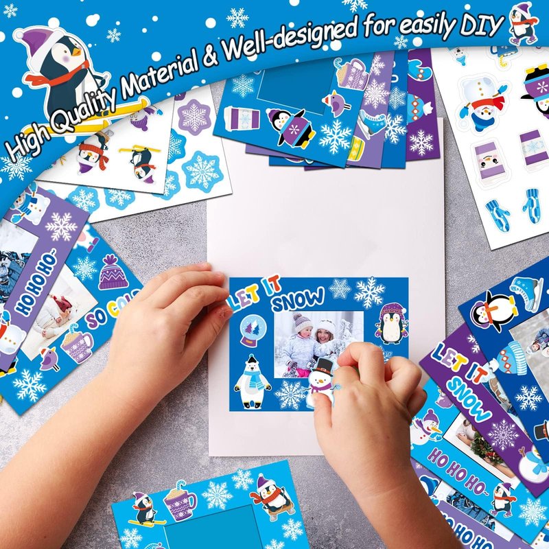 30 Packs Winter Craft Kits for Kids, Holiday DIY Picture Frame Craft Snowflake Penguin Polar Bear Art Party Favor Home Classroom Game Activities