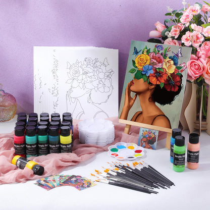 AmazingSpark 12 Set Paint and Sip Kit for Adults 8"x 10" Pre Drawn Canvas for Painting DlY Acrylic Paint Set with Brushes, 24 Colors(60ml, 2oz) for Date Night Party Supplies(Butterfly)