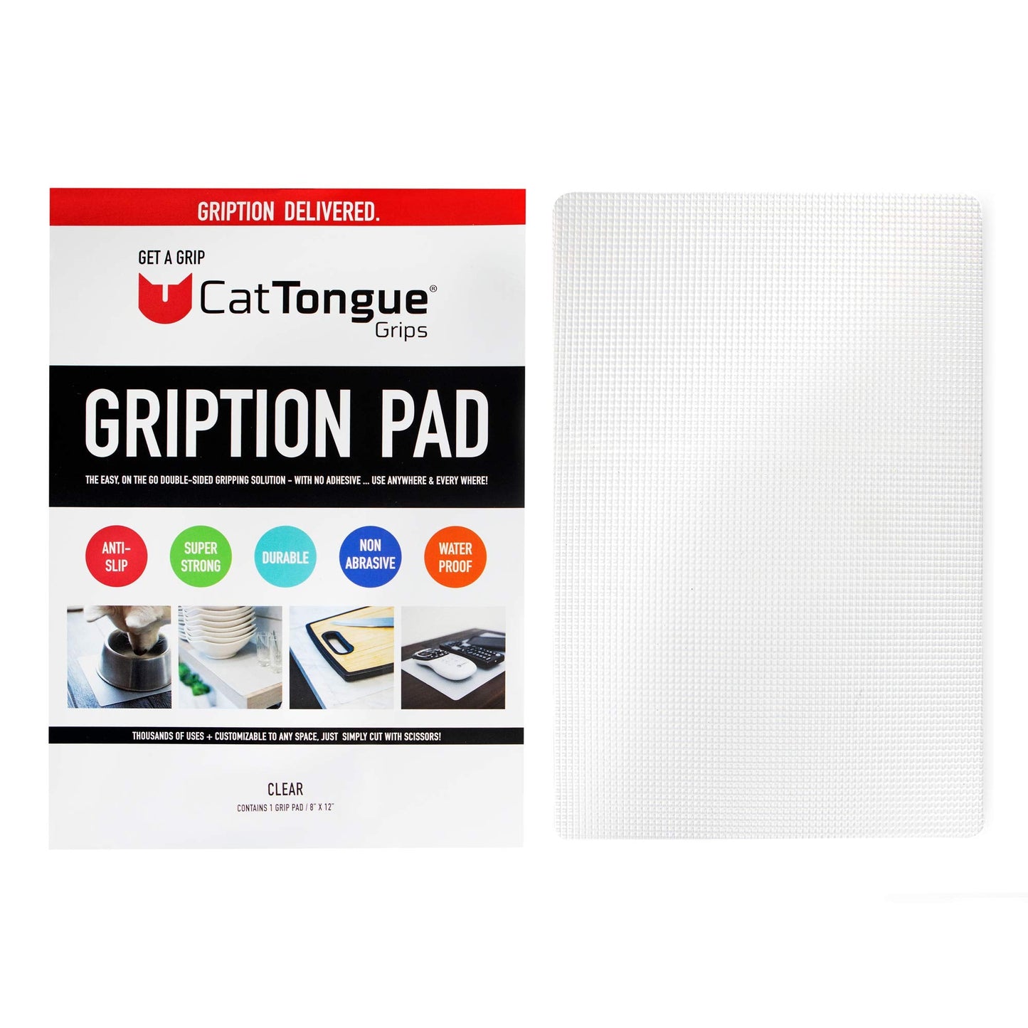 CatTongue Grips Non-Adhesive Anti-Slip Mat - Multi-Purpose Non-Slip Pad for Countertops, Desks, Tables & Workspaces - Ideal Desk Mat, Drawer Liner, Laptop Pad & More (Clear, 8” x 12”)