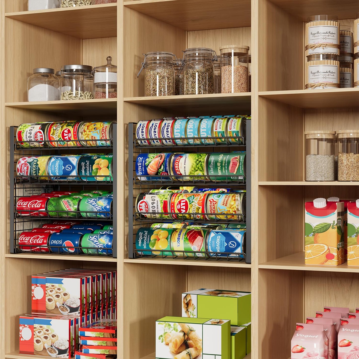 JKsmart 2-Tier Stackable Can Rack Organizer for Pantry, Adjustable Can Dispenser Holds Up to 62 Cans, Can Storage Holder for Various Ounces of Canned Food Soda Drinks, Black, 2 Pack (Petent Pending)