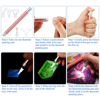 Outus 6 LED Rhinestone Point Drill Pens with Light 5D Painting Tool 15 Spare Pen Heads 20 Glue Painting Clay for DIY Nail Art