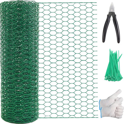 Chicken Wire 15.7in x 118in with a Pair of Gloves，1 Wire Cutter，50 Pcs Cable Zip Ties, Floral Chicken Wire Mesh 0.8in Hexagonal Galvanized PVC Coated Garden Netting Fence for Craft Poultry Garden