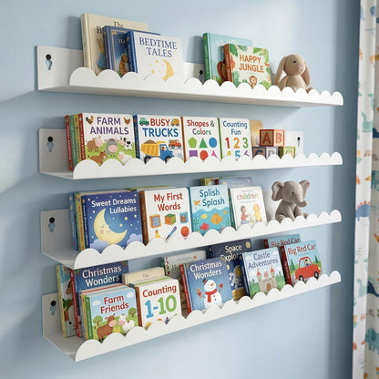 24 Inch Set 4, Nursery Book Shelves of White Metal Floating Shelves for Wall, Scalloped Cloud Book Shelf for Kids Room
