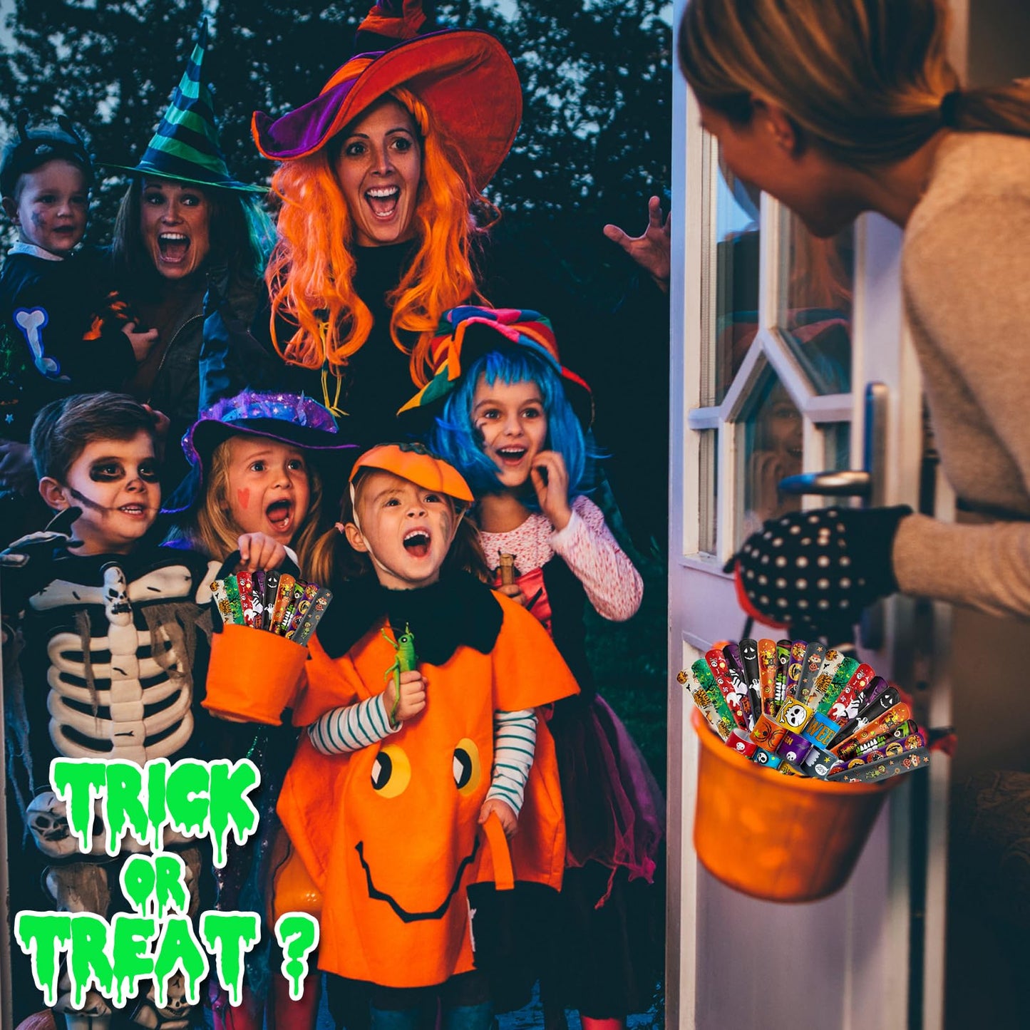 SUNPROUND 100Pcs Halloween Slap Bracelets, Halloween Party Favors Treat Toys for Kids Girls Boys, Slap Bracelets Bulk for Halloween Party Supplies, Halloween Treat Goodie Bags Gifts